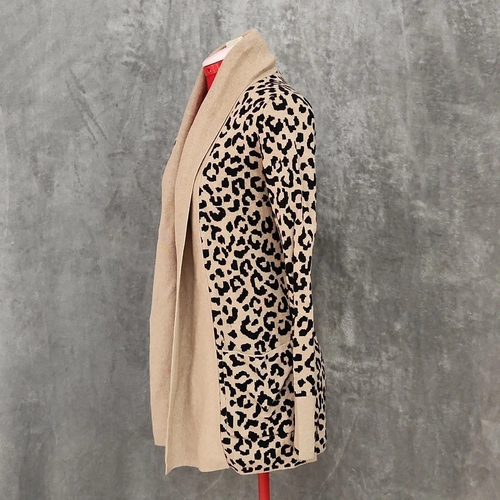 Yes Lola Leopard Print Open Front Cardigan Sweater Size Small Tan Black - Picture 3 of 12